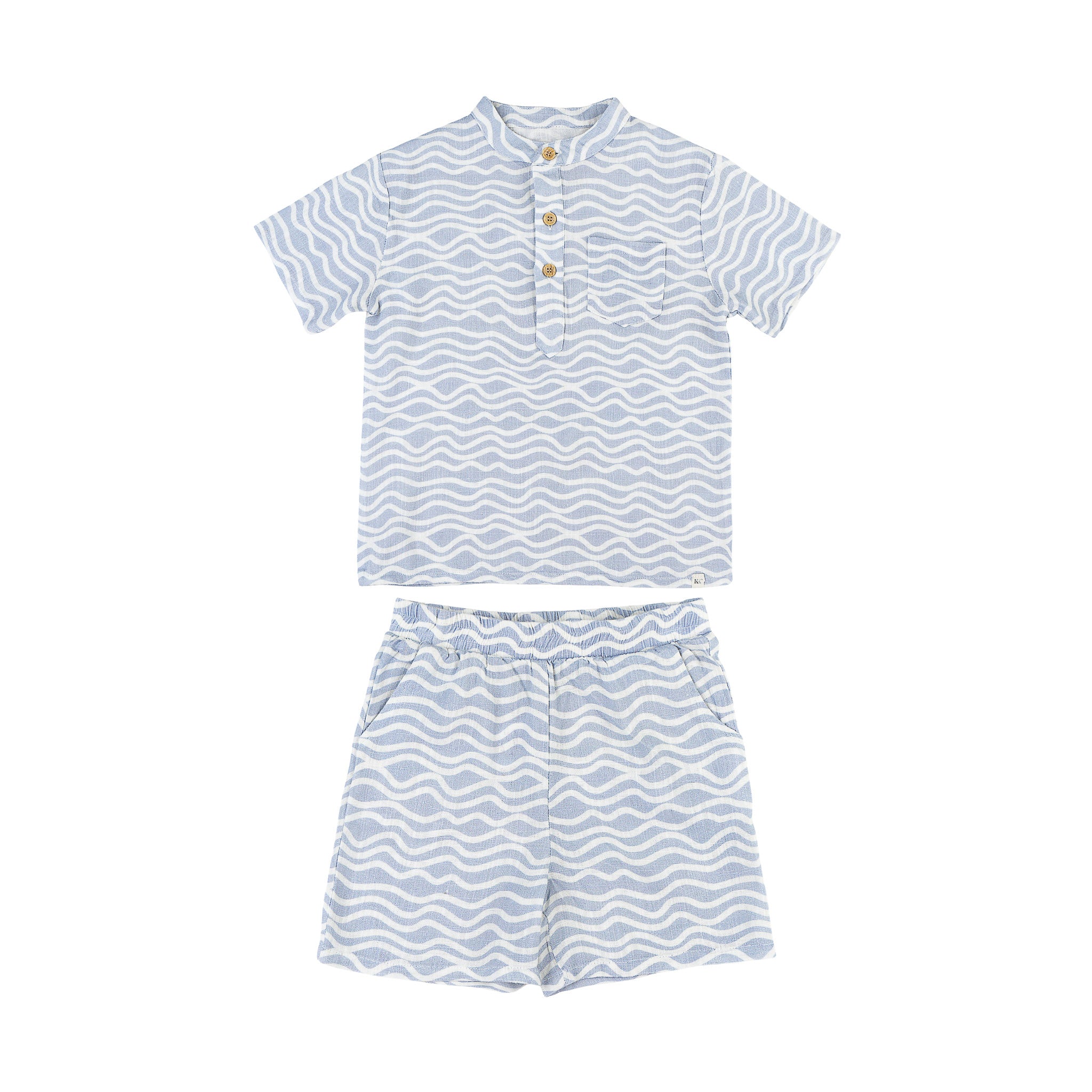Band Collar Shirt Set - Waves