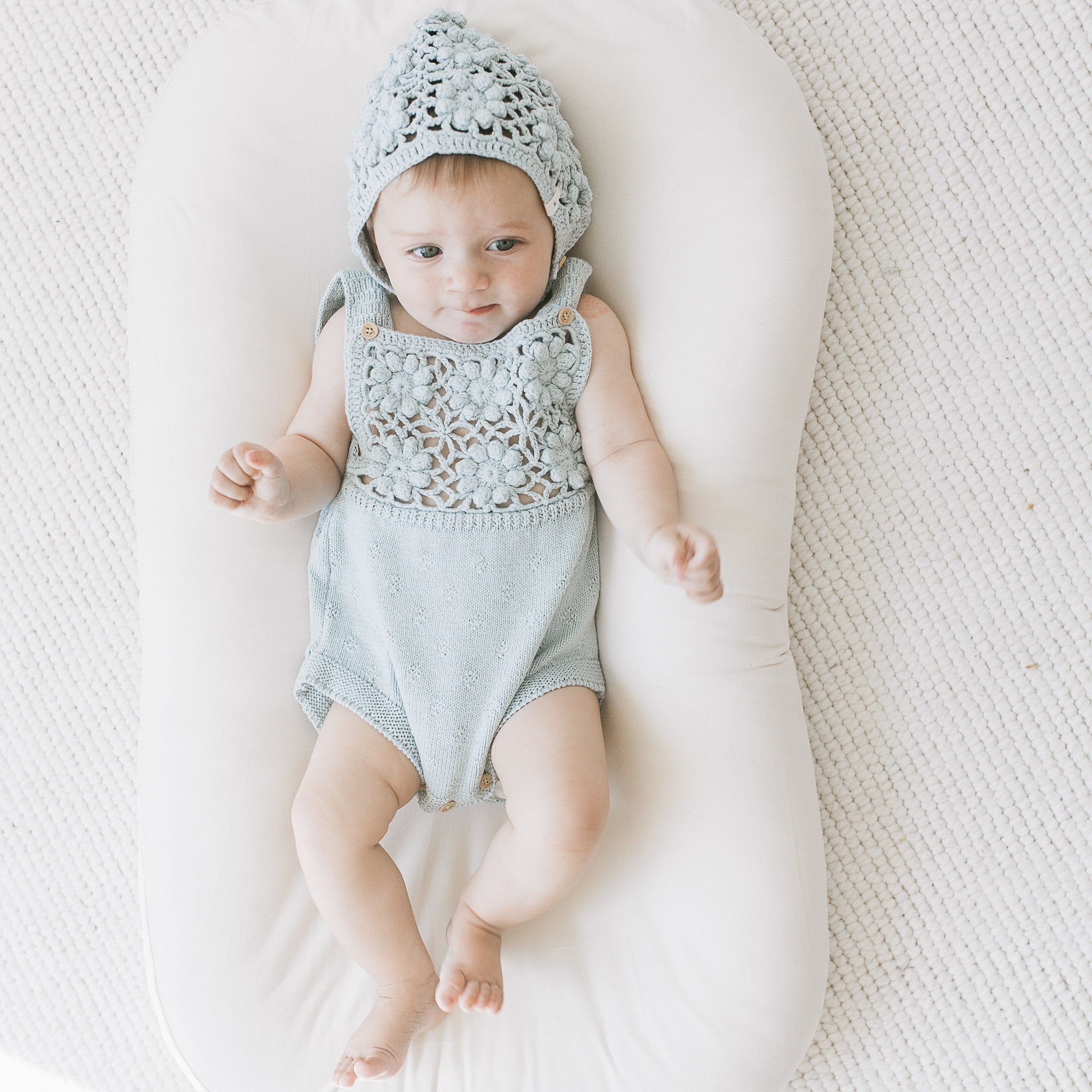 Crochet Romper + Bonnet Set - Pearl Blue