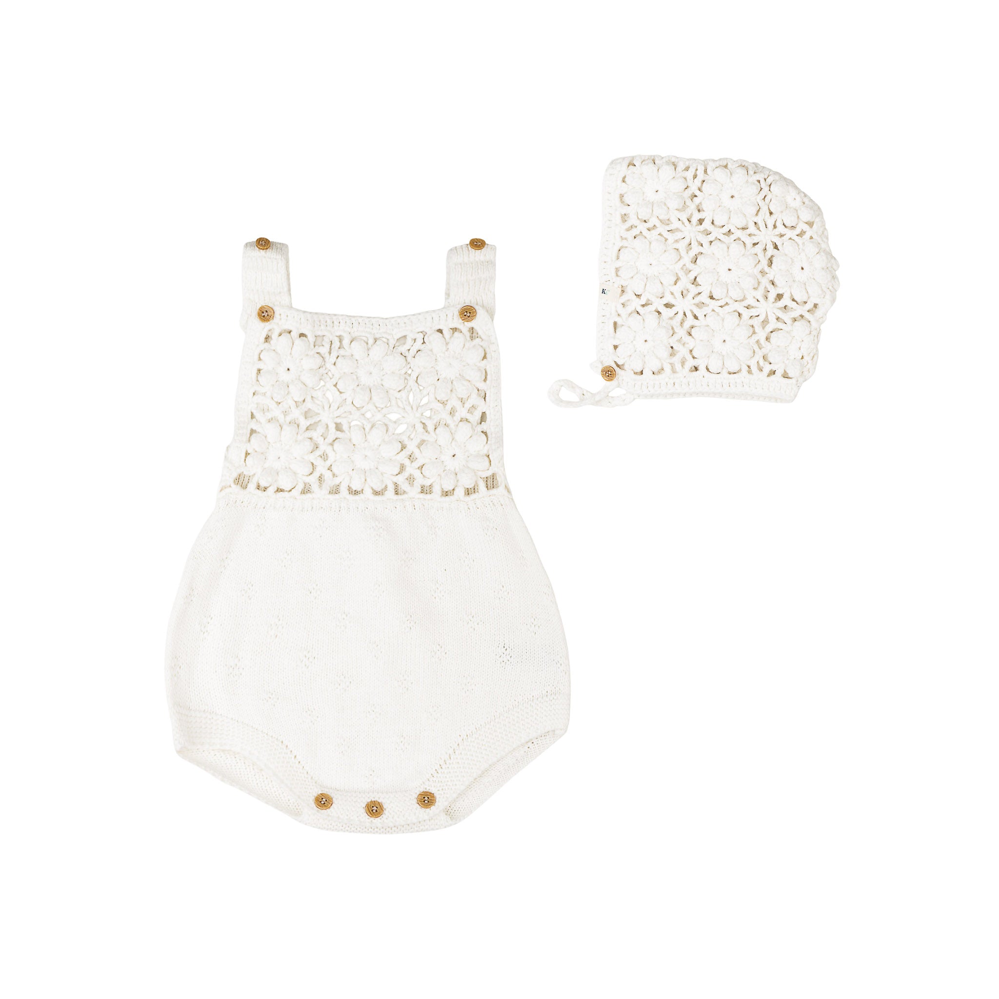 Crochet Romper + Bonnet Set - White