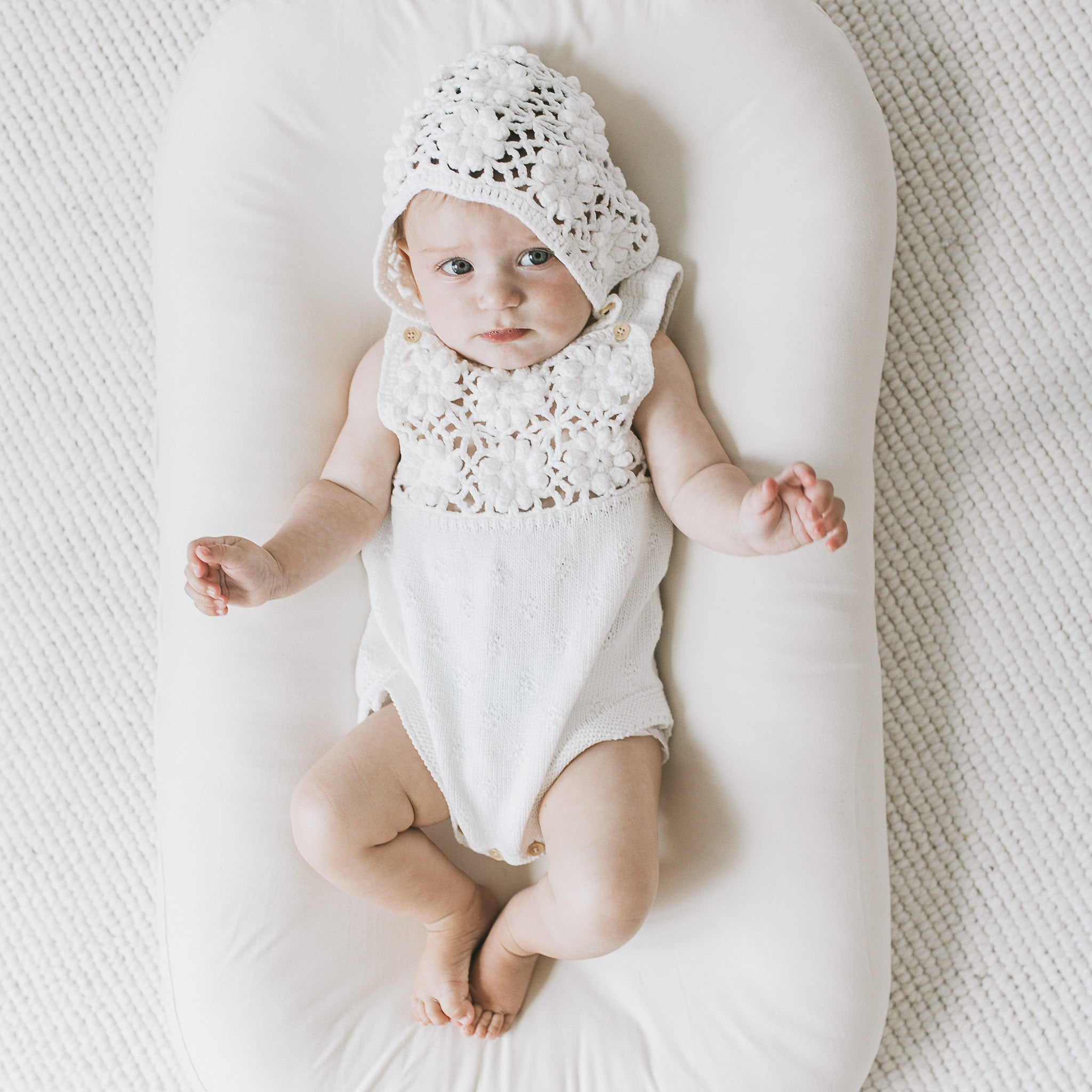 Crochet Romper + Bonnet Set - White