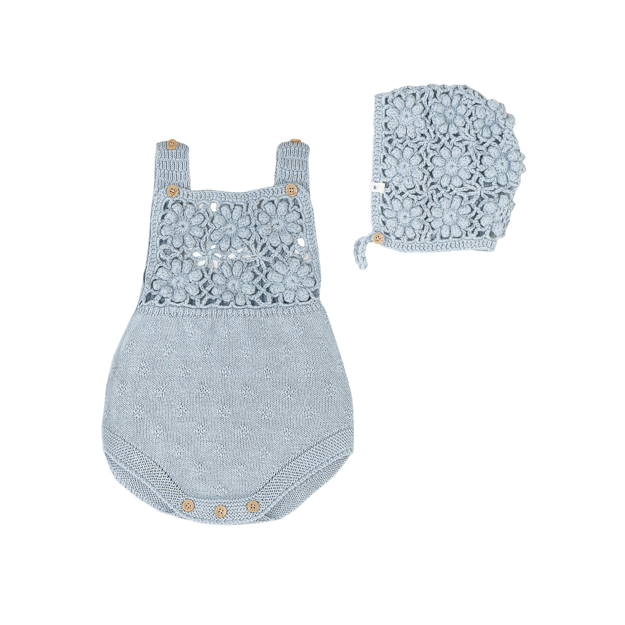 Crochet Romper + Bonnet Set - Pearl Blue