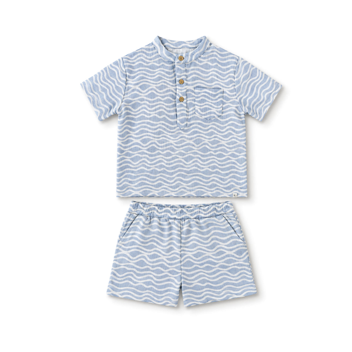 Band Collar Shirt Set - Waves