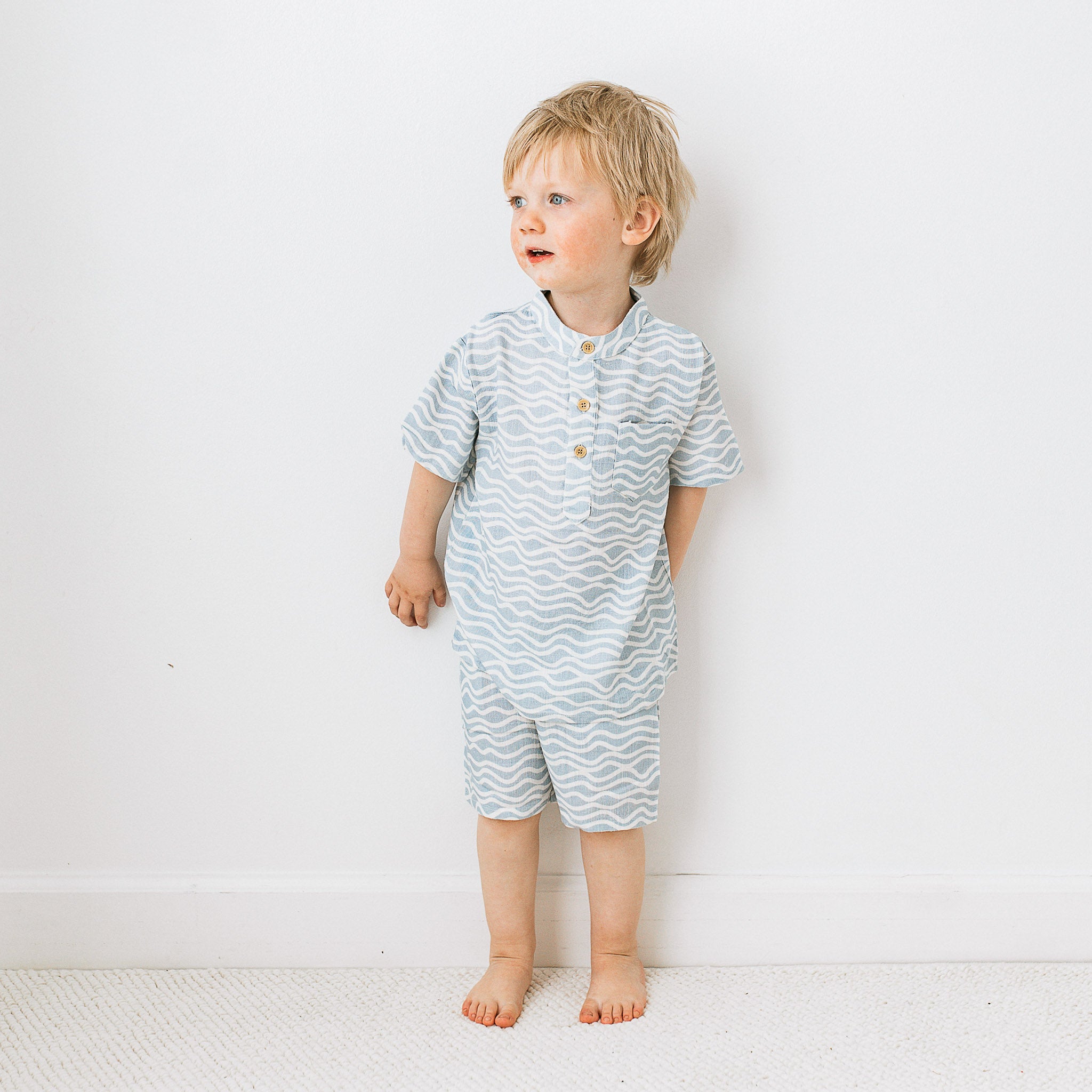 Band Collar Shirt Set - Waves