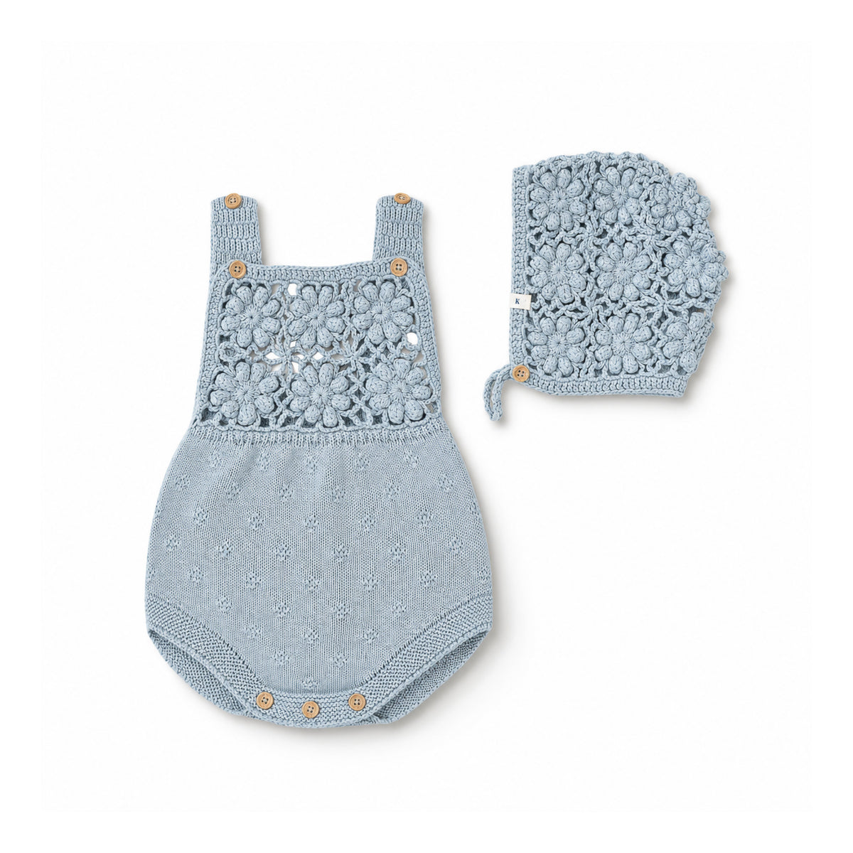 Crochet Romper + Bonnet Set - Pearl Blue