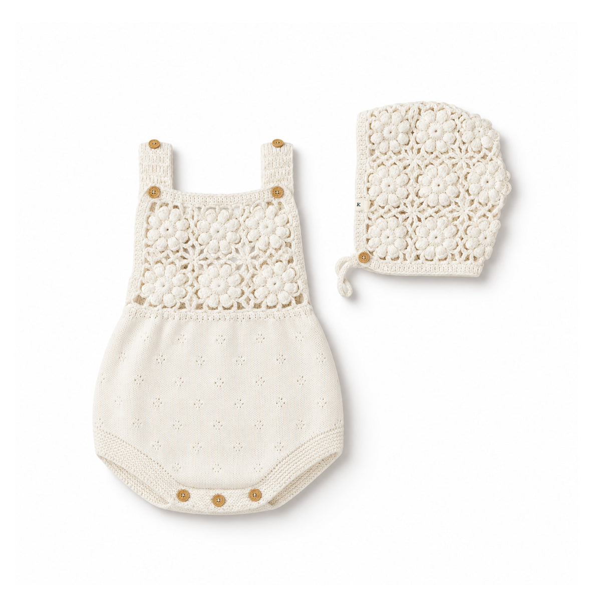 Crochet Romper + Bonnet Set - White