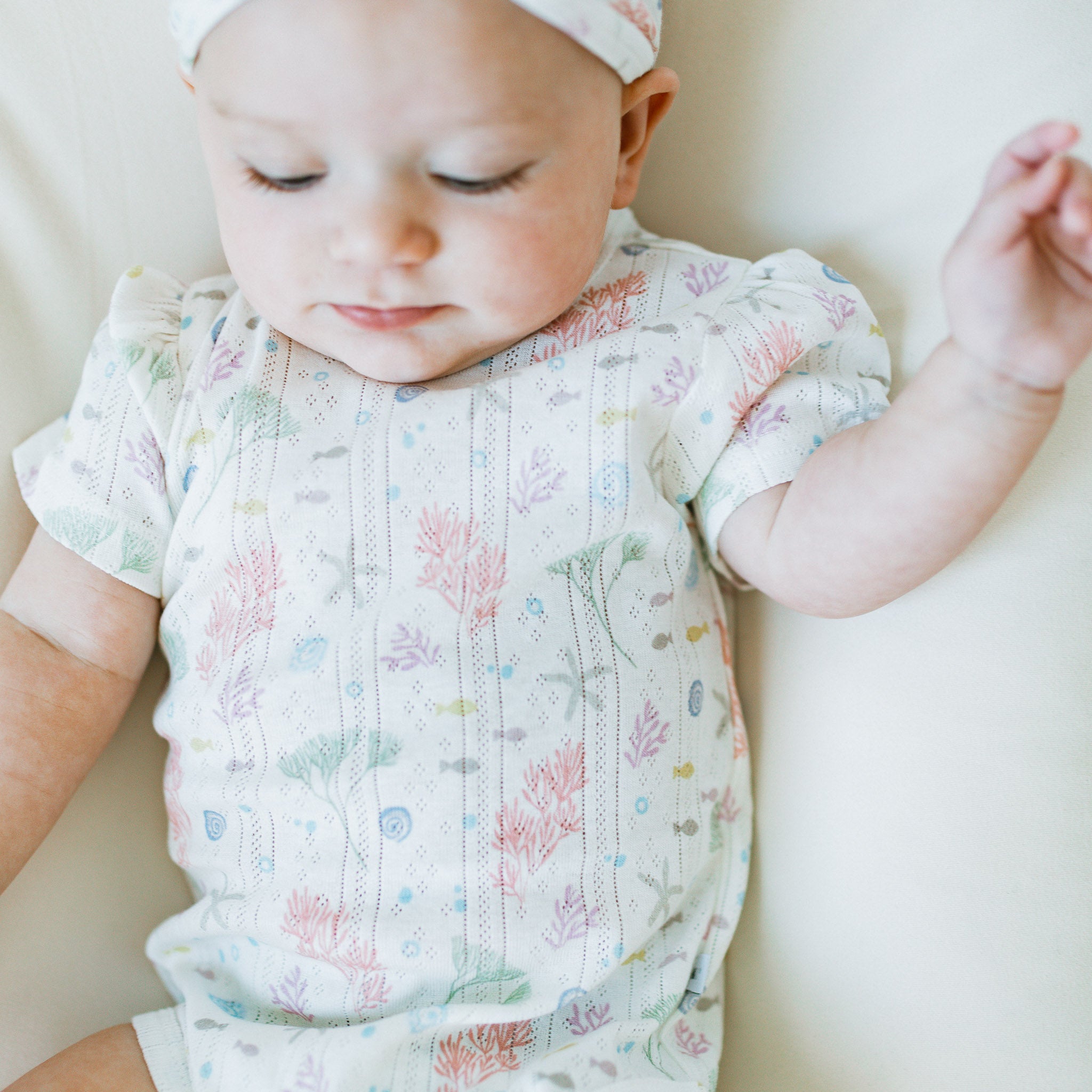 Pointelle Puff Sleeves Bodysuit - Sea Bloom